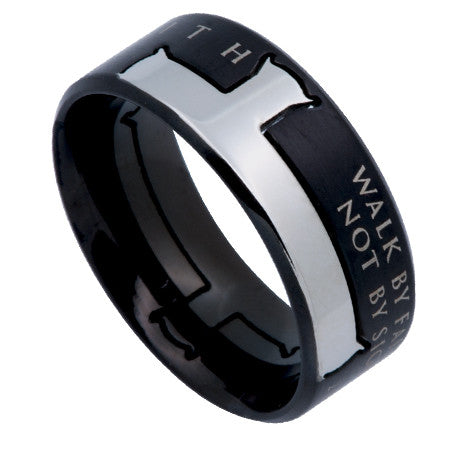 Black Iron Cross Ring, "Walk By Faith"