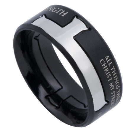 Black Iron Cross Ring, "His Strength"