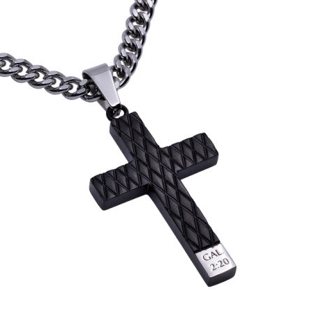 Black Diamond Back Cross Pendant, "Crucified" | Gal. 2:20 | Stainless Steel  | Christian Jewelry