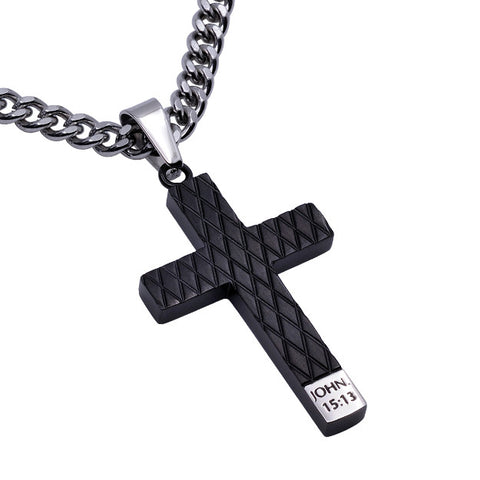 Black Diamond Back Cross Pendant, "Forgiven" | John 15:13 | Stainless Steel  | Christian Jewelry