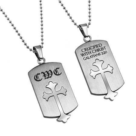 Old English Shield Cross Silver, "Crucified With Christ"