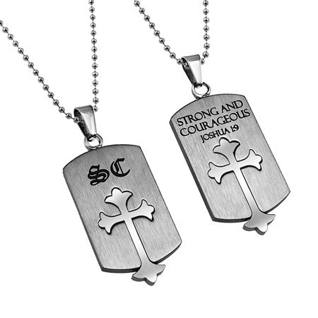Old English Shield Cross Silver, "Strong And Courageous"