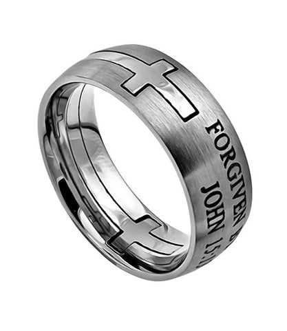 Square Double Cross Silver Ring, "Forgiven By God"