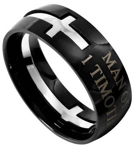 Square Double Cross Black Ring, "Man Of God"