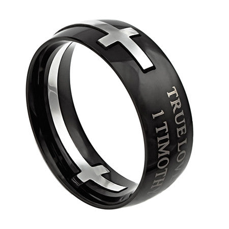 Square Double Cross Black Ring, "True Love Waits"