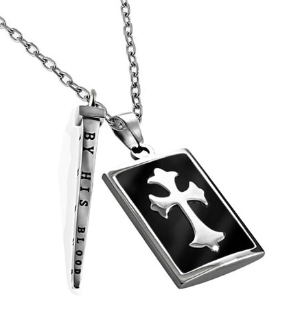 Men's Deluxe Shield Cross With Nail- Black Enamel, "The Blood Against Satan"