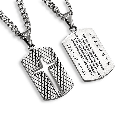 Diamond Back Shield Cross Siver Color Necklace"STRENGTH"