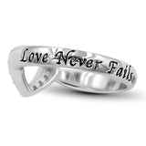 CZ Open Heart Silver Ring, "LOVE NEVER FAILS - 1 COR. 13:8"