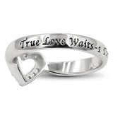 CZ Open Heart Silver Ring, "TRUE LOVE WAITS - 1 TIMOTHY 4:12"