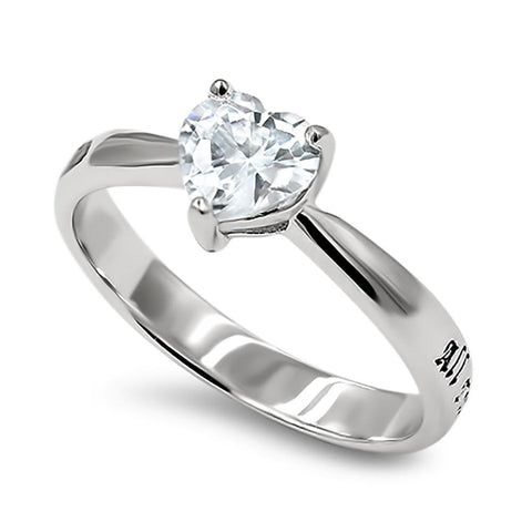CZ Heart Silver Ring, "ALL THINGS THROUGH CHRIST MY STRENGTH - PHIL. 4:13"