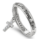Hang Cross Silver Ring, "LOVE NEVER FAILS - 1 COR. 13:8"