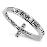Steady Cross Silver Ring, "LOVE NEVER FAILS - 1 COR. 13:8"