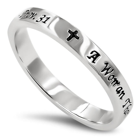 Petite Cross Silver Ring, "A WOMAN THAT FEARETH THE LORD
