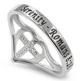 Heart Sheild CZ Cross Silver Ring, "SERENITY - ROMANS 8:28"