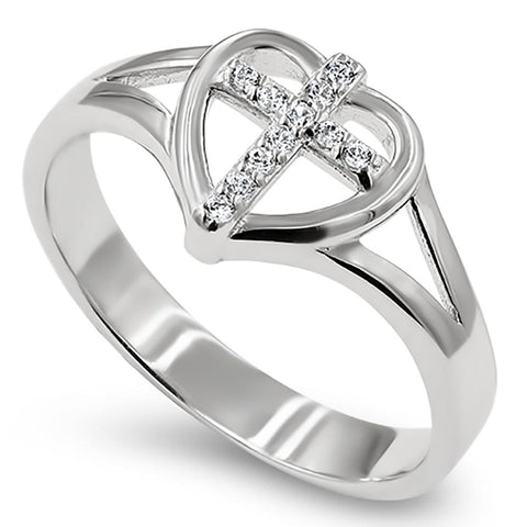 Heart Sheild CZ Cross Silver Ring, "ALL THINGS THROUGH CHRIST MY STRENGTH - PHIL. 4:13"