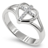 Heart Sheild CZ Cross Silver Ring, "ALL THINGS THROUGH CHRIST MY STRENGTH - PHIL. 4:13"-Wholesale
