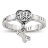 CZ Heart with Dangling Cross Silver Ring, "ALL THINGS THROUGH CHRIST MY STRENGTH - PHIL. 4:13"