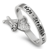 CZ Heart with Dangling Cross Silver Ring, "HOPE - JEREMIAH 29:11"