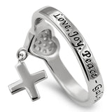 CZ Heart with Dangling Cross Silver Ring, "LOVE