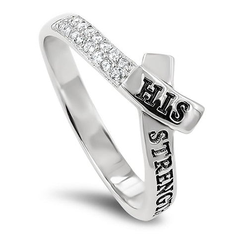 CZ Ribbon Silver Ring, "HIS STRENGTH PHILIPPIANS 4:13"