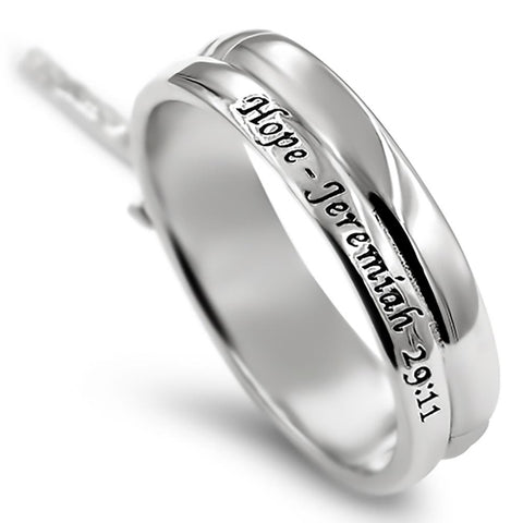 CZ Dangling Crosss Silver Ring, "HOPE - JEREMIAH 29:11"