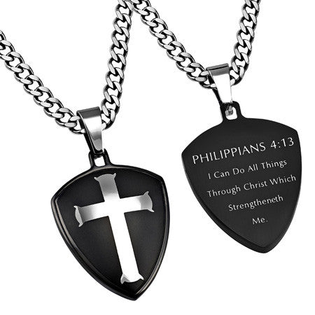 Black R2 Shield Cross Necklace, "Christ My Strength"