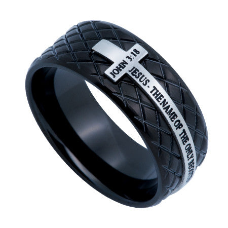 Black Diamond Back Cross Ring, "John 3:16"