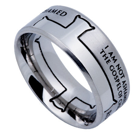 Silver Iron Cross Ring, "Not Ashamed"