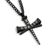 Third Hour Cross Black Necklace, "CHRIST MY STRENGTH"