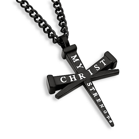 Third Hour Cross Black Necklace, "CHRIST MY STRENGTH"