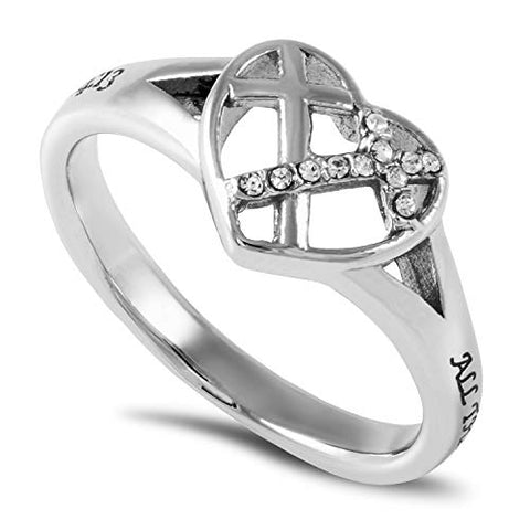 Patchwork Cross Heart Ring ALL THINGS THROUGH CHRIST MY STRENGTH - PHIL. 4:13