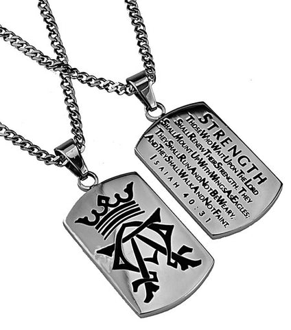 Alpha Omega Dog Tag, "Strength" | Stainless Steel Dog Tag | Bible Versers Jewelry