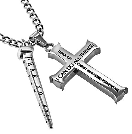 Silver Cross And Nail, "Christ My Strength Cross w/ Fear Not" Nail