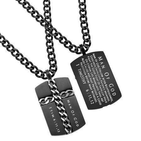 Black Chain Cross Necklace, "Man Of God"  |Tim. 6:11, 12 | | Stainless Steel  | Christian Jewelry