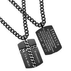 Black Chain Cross Necklace, "Strength" | Isaiah 40:31  | Stainless Steel  | Christian Jewelry