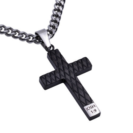 Black Diamond Back Cross Pendant, "Courage" |Josh. 1:9 | | Stainless Steel  | Christian Jewelry