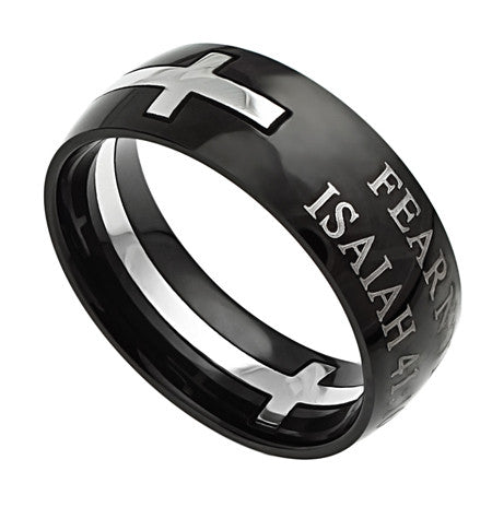 Square Double Cross Black Ring, "Fear Not"