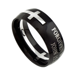 Square Double Cross Black Ring, "Forgiven By God"