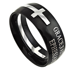 Square Double Cross Black Ring, "Grace Faith Christ"