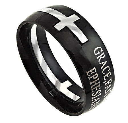 Square Double Cross Black Ring, "Grace Faith Christ"