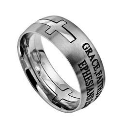 Square Double Cross Silver Ring, "Grace Faith Christ"