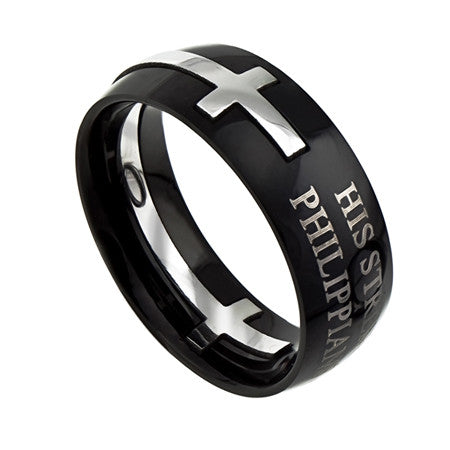 Square Double Cross Black Ring, "His Strength"