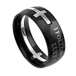 Square Double Cross Black Ring, "I Follow Christ"