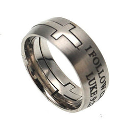 Square Double Cross Silver Ring, "I Follow Christ"