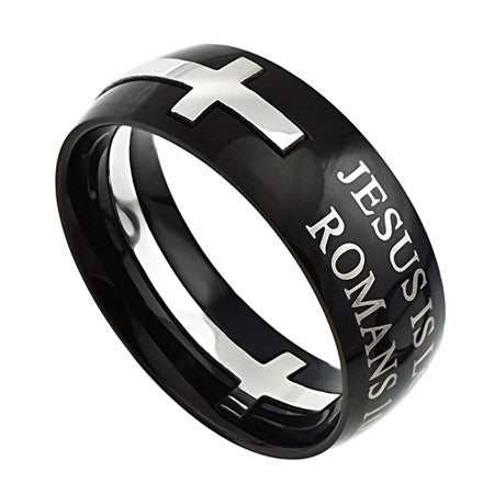 Square Double Cross Black Ring, "Jesus Is Lord"