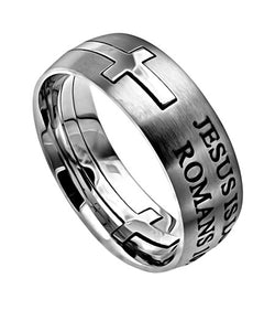 Square Double Cross Silver Ring, "Jesus Is Lord"