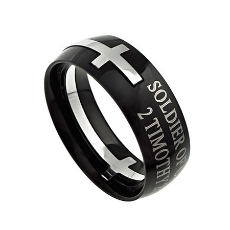 Square Double Cross Black Ring, "Soldier Of Christ"