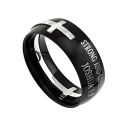 Square Double Cross Black Ring, "Strong And Courageous"