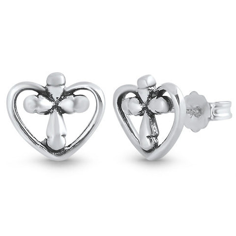 Heart Cross Silver Earring,E30005,Plain Design