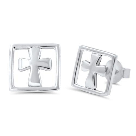 Square Cross Sterling Silver Earring,E30007,Plain Design-Wholesale